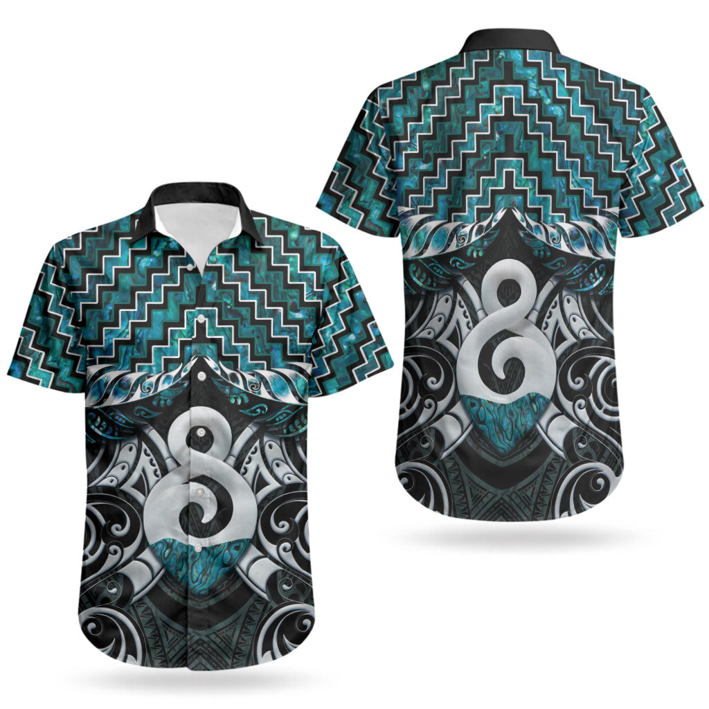 New Zealand Maori Couples Matching Off The Shoulder Long Sleeve Dress and Hawaiian Shirt Poutama Pikorua - Single Twist Paua Shell