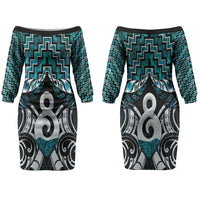 New Zealand Maori Couples Matching Off The Shoulder Long Sleeve Dress and Hawaiian Shirt Poutama Pikorua - Single Twist Paua Shell