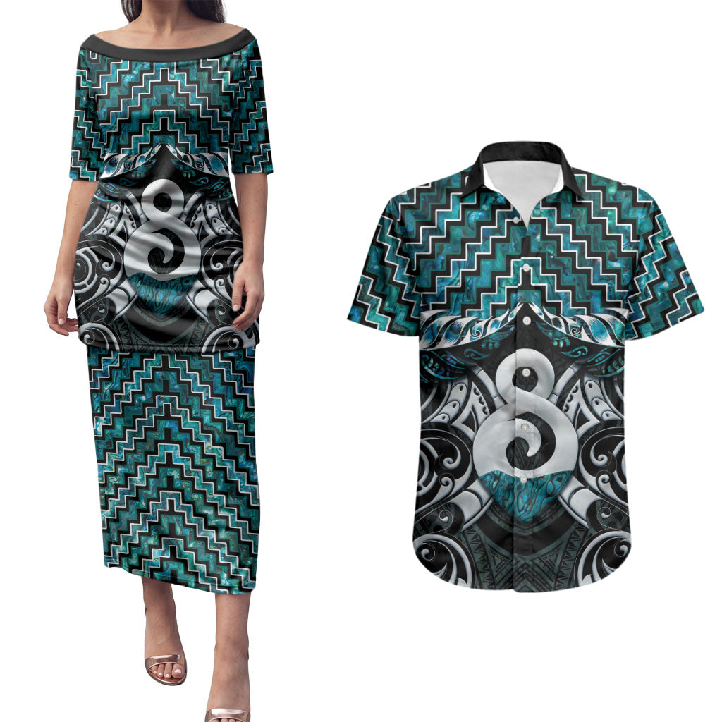 New Zealand Maori Couples Matching Puletasi and Hawaiian Shirt Poutama Pikorua - Single Twist Paua Shell LT05 Turquoise - Polynesian Pride