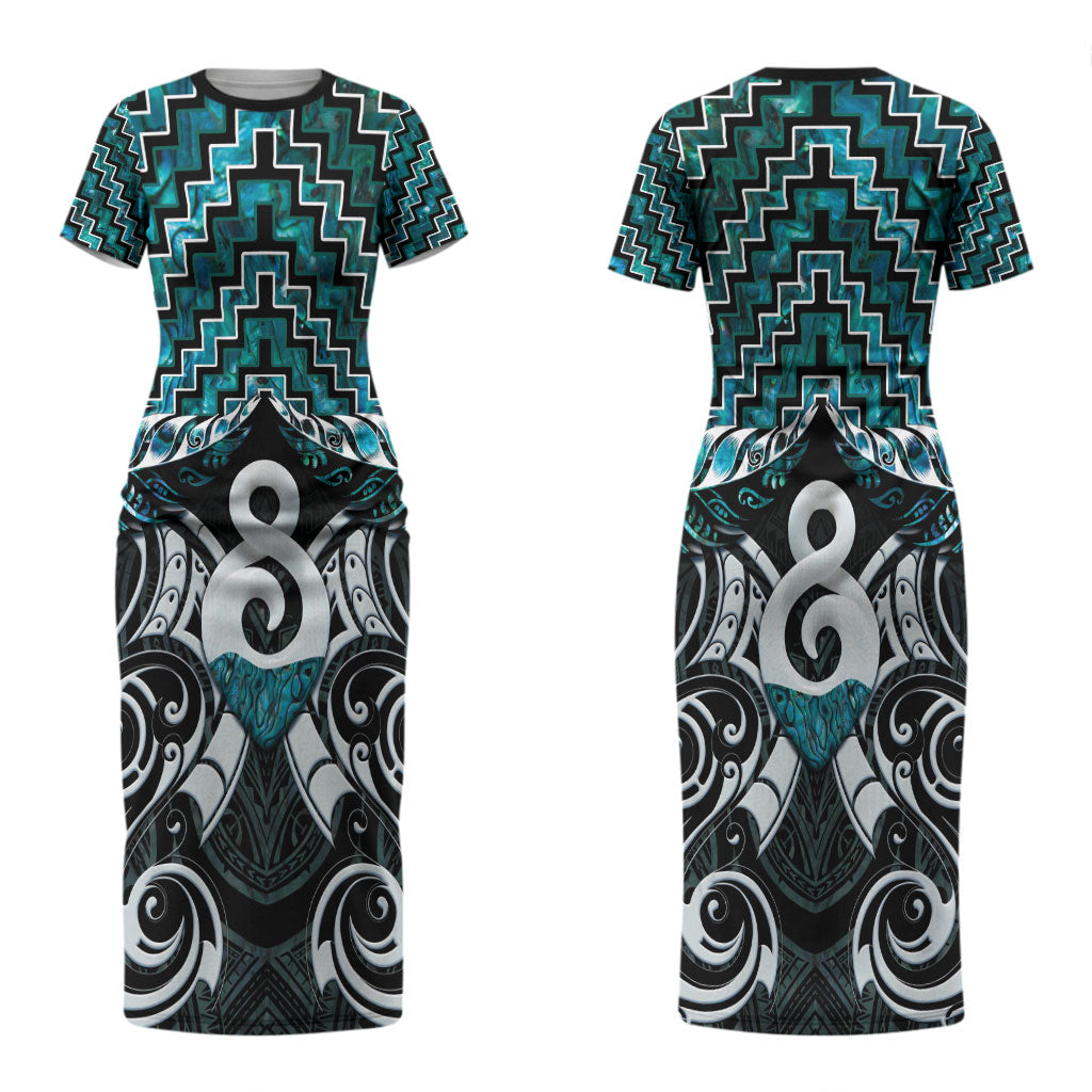 New Zealand Maori Couples Matching Short Sleeve Bodycon Dress and Hawaiian Shirt Poutama Pikorua - Single Twist Paua Shell