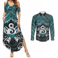 New Zealand Maori Couples Matching Summer Maxi Dress and Long Sleeve Button Shirt Poutama Pikorua - Single Twist Paua Shell