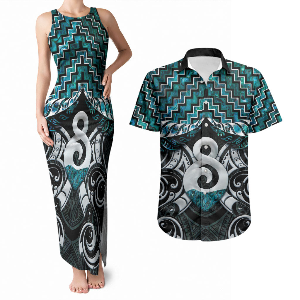 New Zealand Maori Couples Matching Tank Maxi Dress and Hawaiian Shirt Poutama Pikorua - Single Twist Paua Shell LT05 Turquoise - Polynesian Pride