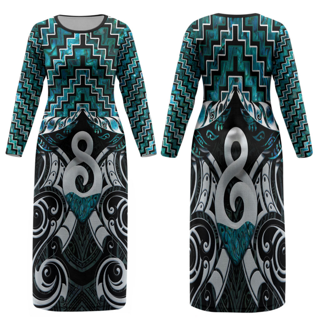 New Zealand Maori Family Matching Long Sleeve Bodycon Dress and Hawaiian Shirt Poutama Pikorua - Single Twist Paua Shell
