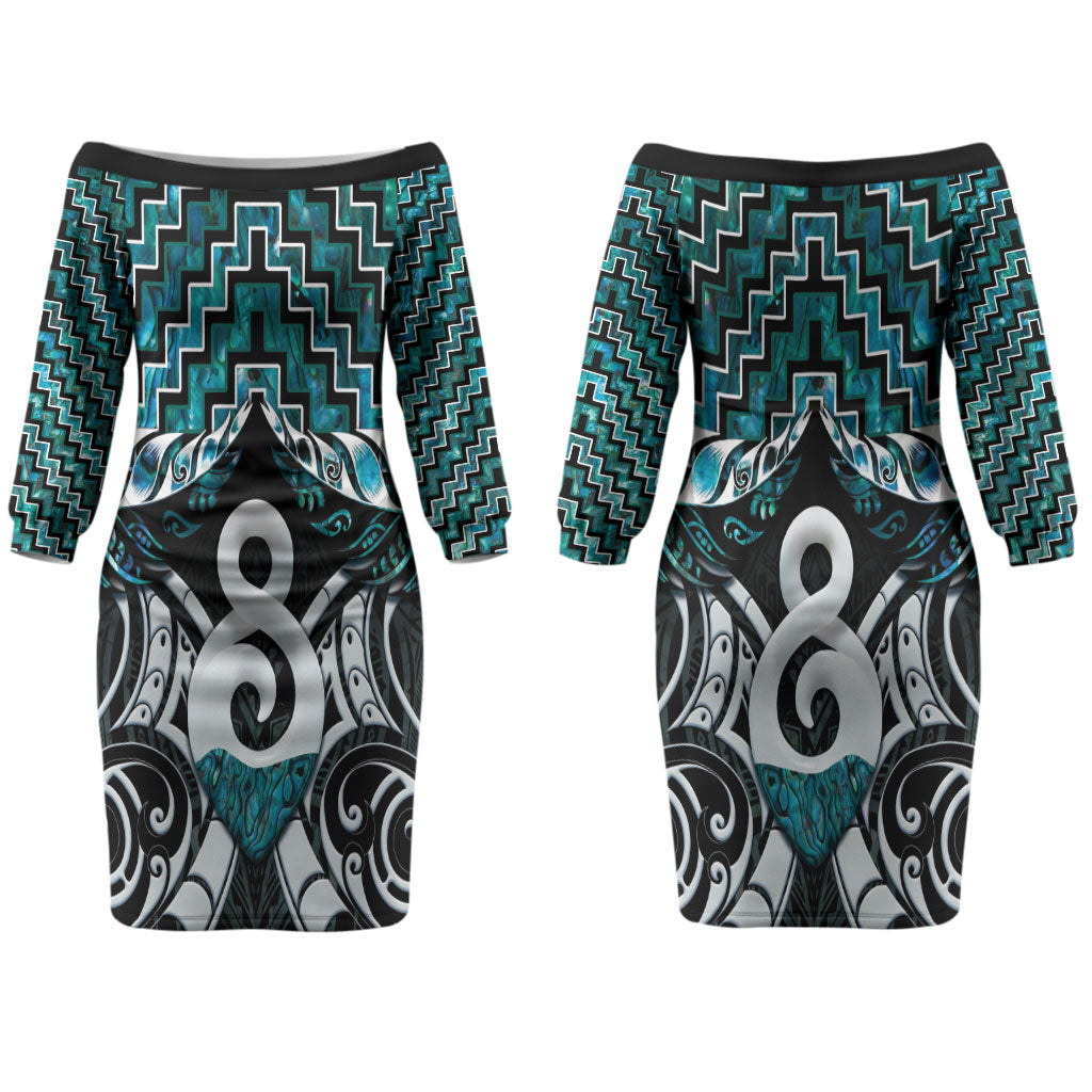 New Zealand Maori Family Matching Off The Shoulder Long Sleeve Dress and Hawaiian Shirt Poutama Pikorua - Single Twist Paua Shell