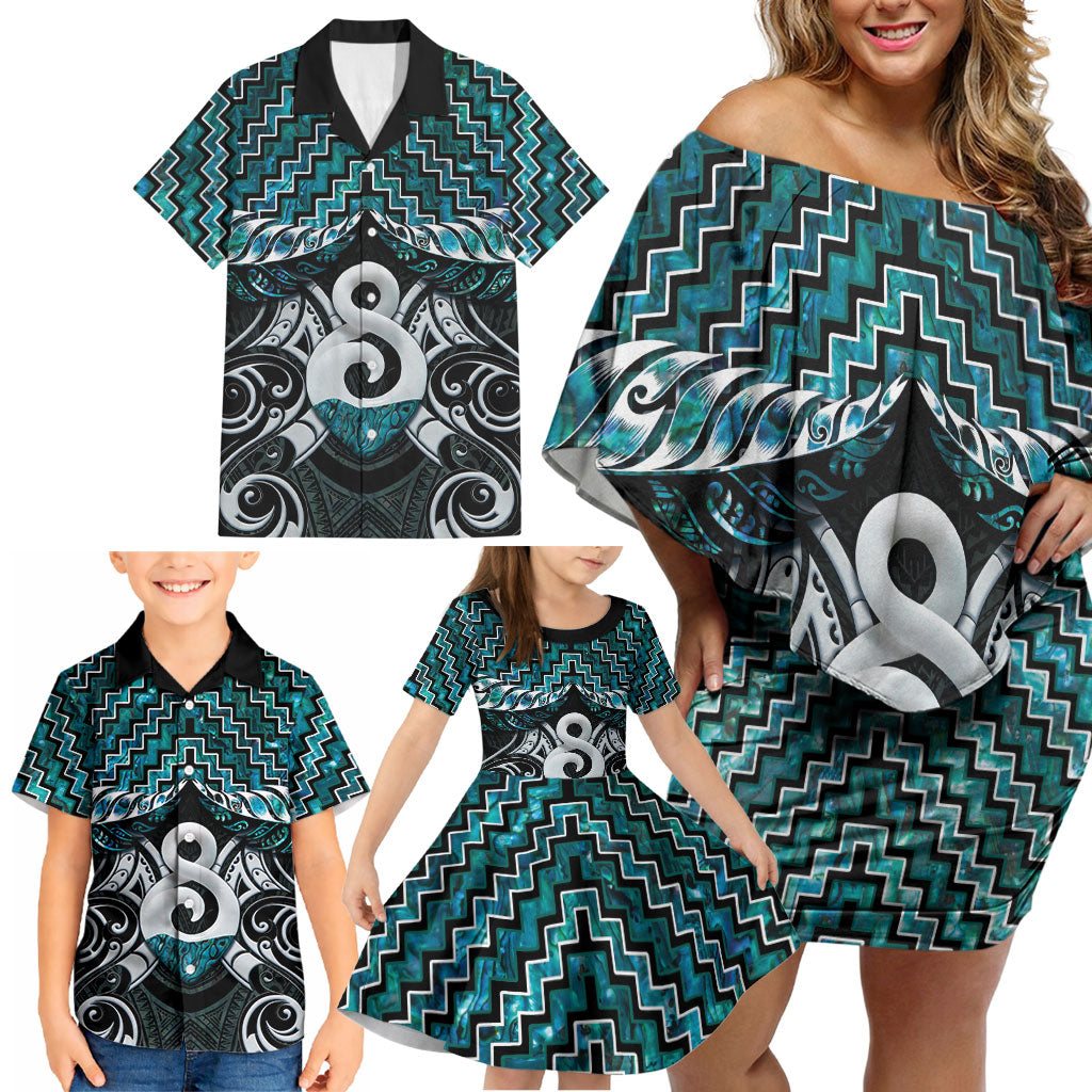 New Zealand Maori Family Matching Off Shoulder Short Dress and Hawaiian Shirt Poutama Pikorua - Single Twist Paua Shell