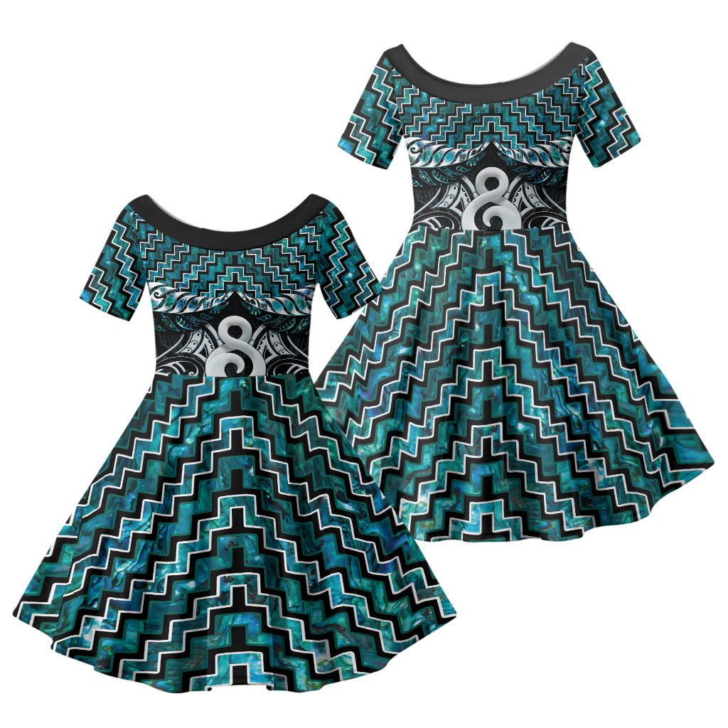 New Zealand Maori Family Matching Off Shoulder Short Dress and Hawaiian Shirt Poutama Pikorua - Single Twist Paua Shell