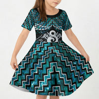 New Zealand Maori Kid Short Sleeve Dress Poutama Pikorua - Single Twist Paua Shell
