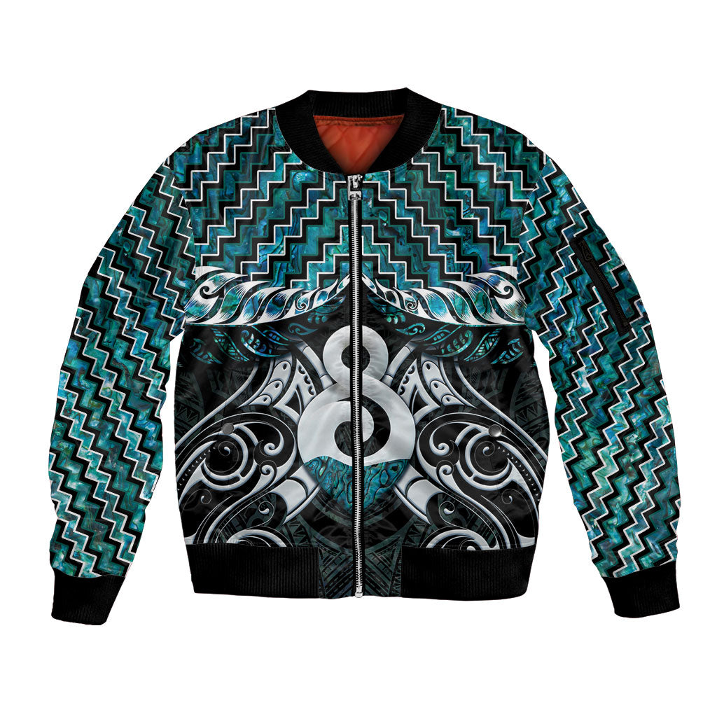 New Zealand Maori Sleeve Zip Bomber Jacket Poutama Pikorua - Single Twist Paua Shell