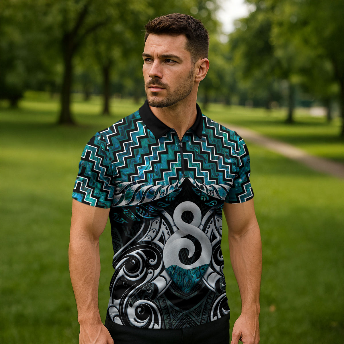 New Zealand Maori Zipper Polo Shirt Poutama Pikorua - Single Twist Paua Shell