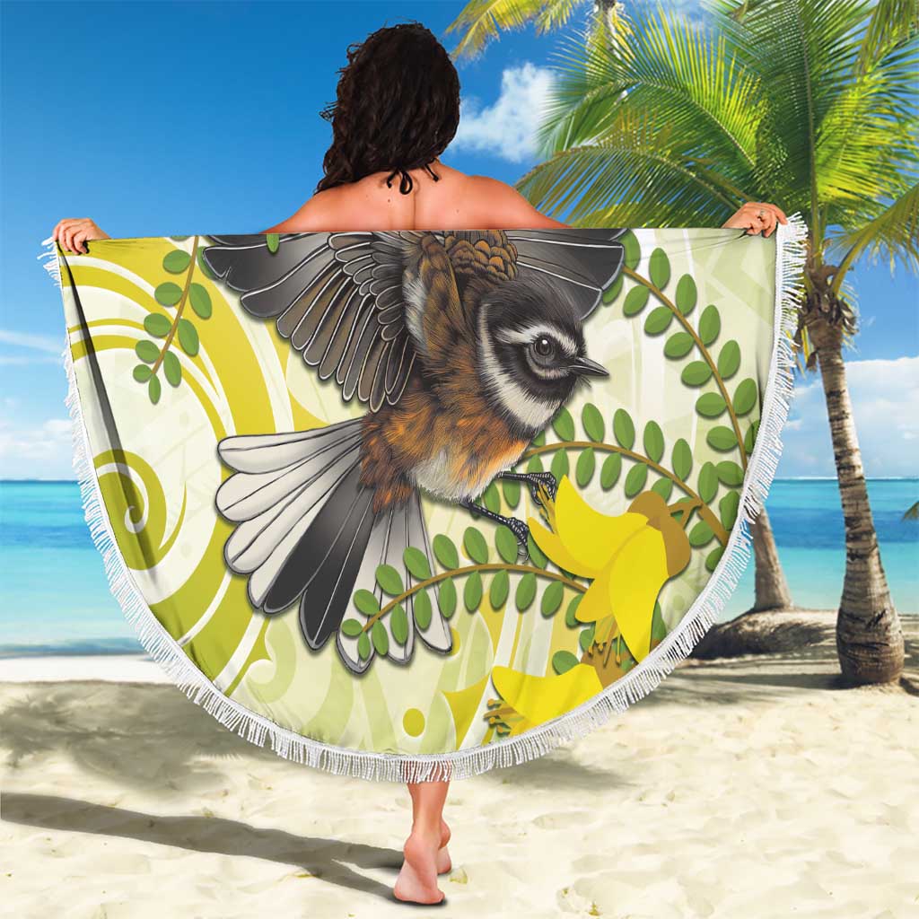 New Zealand Piwakawaka Fantail Bird Beach Blanket With Kowhai Flowers