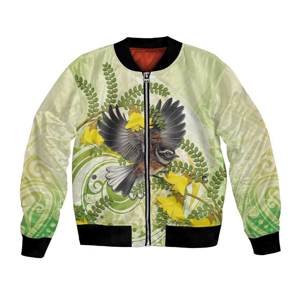 New Zealand Piwakawaka Fantail Bird Bomber Jacket With Kowhai Flowers