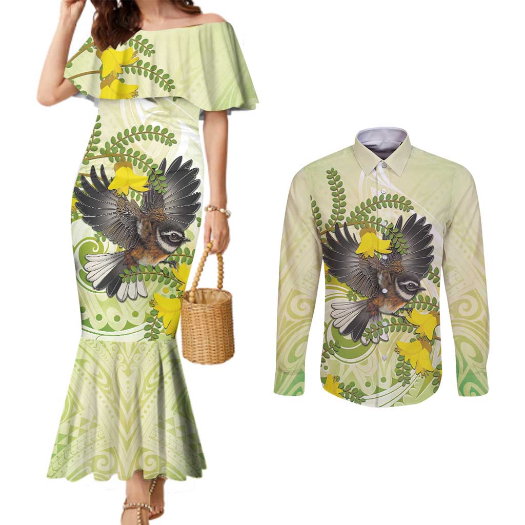 New Zealand Piwakawaka Fantail Bird Couples Matching Mermaid Dress and Long Sleeve Button Shirt With Kowhai Flowers