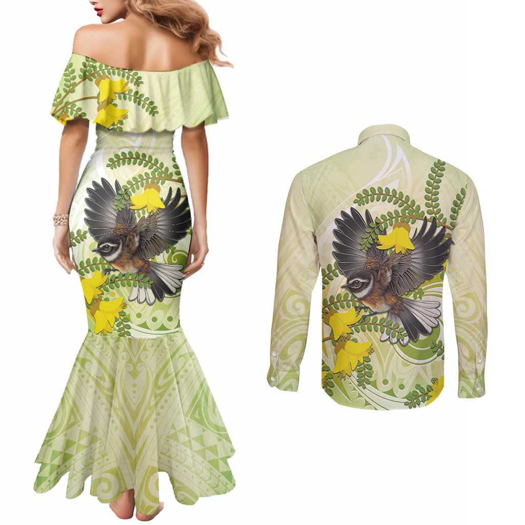 New Zealand Piwakawaka Fantail Bird Couples Matching Mermaid Dress and Long Sleeve Button Shirt With Kowhai Flowers