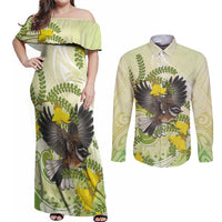 New Zealand Piwakawaka Fantail Bird Couples Matching Off Shoulder Maxi Dress and Long Sleeve Button Shirt With Kowhai Flowers