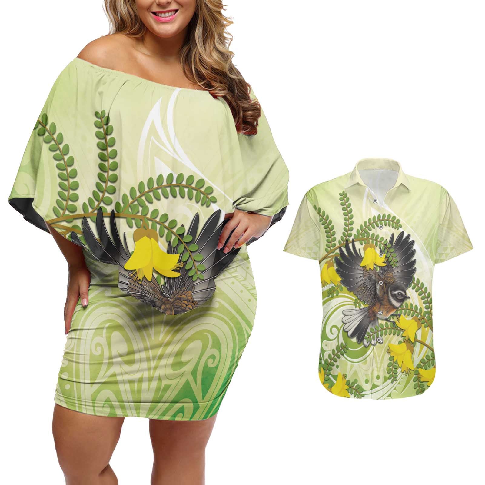 New Zealand Piwakawaka Fantail Bird Couples Matching Off Shoulder Short Dress and Hawaiian Shirt With Kowhai Flowers