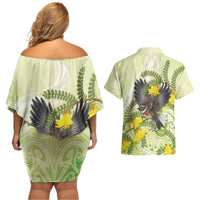 New Zealand Piwakawaka Fantail Bird Couples Matching Off Shoulder Short Dress and Hawaiian Shirt With Kowhai Flowers