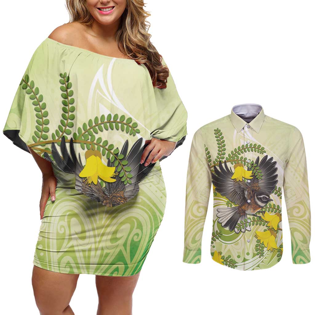 New Zealand Piwakawaka Fantail Bird Couples Matching Off Shoulder Short Dress and Long Sleeve Button Shirt With Kowhai Flowers