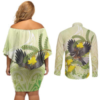 New Zealand Piwakawaka Fantail Bird Couples Matching Off Shoulder Short Dress and Long Sleeve Button Shirt With Kowhai Flowers