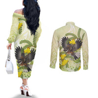 New Zealand Piwakawaka Fantail Bird Couples Matching Off The Shoulder Long Sleeve Dress and Long Sleeve Button Shirt With Kowhai Flowers