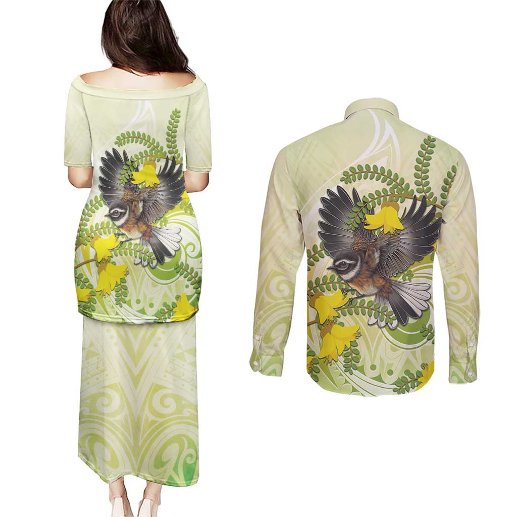 New Zealand Piwakawaka Fantail Bird Couples Matching Puletasi and Long Sleeve Button Shirt With Kowhai Flowers