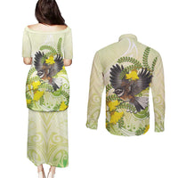 New Zealand Piwakawaka Fantail Bird Couples Matching Puletasi and Long Sleeve Button Shirt With Kowhai Flowers