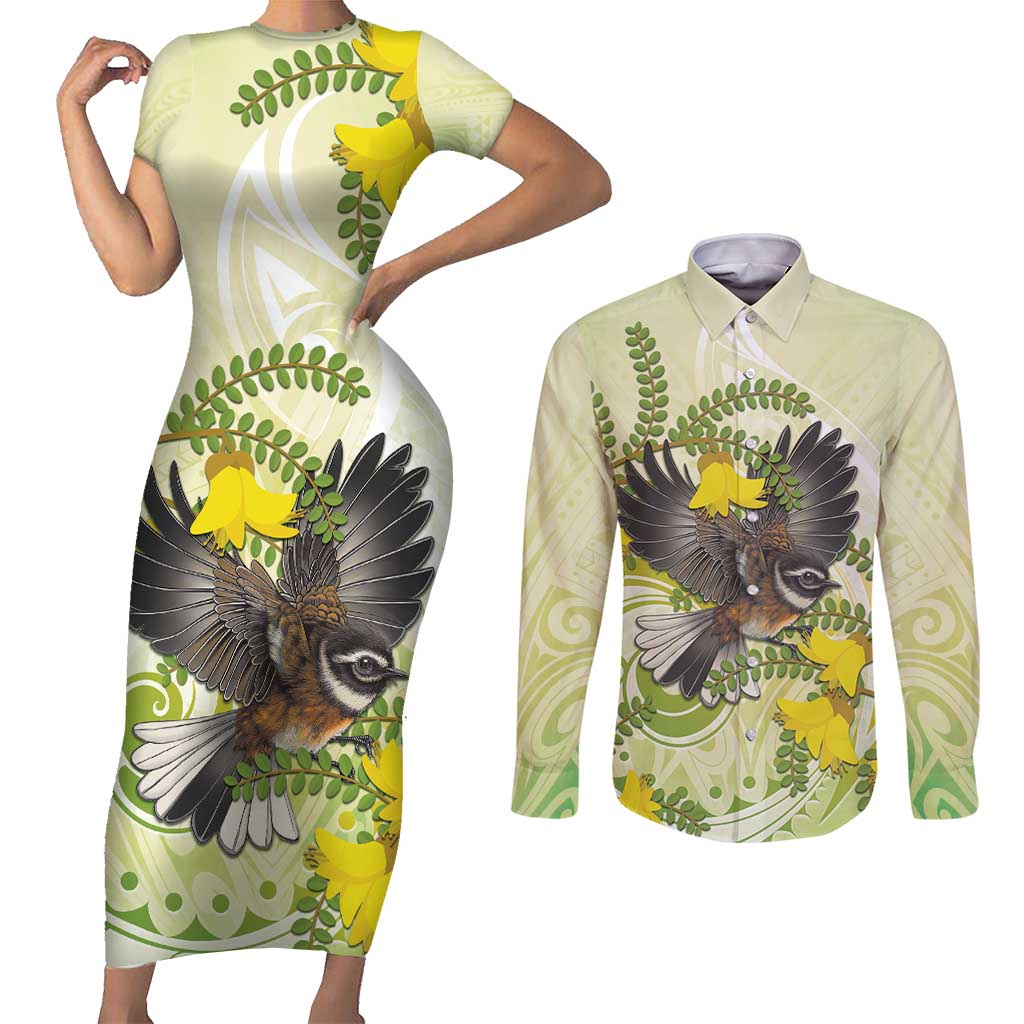 New Zealand Piwakawaka Fantail Bird Couples Matching Short Sleeve Bodycon Dress and Long Sleeve Button Shirt With Kowhai Flowers