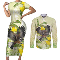 New Zealand Piwakawaka Fantail Bird Couples Matching Short Sleeve Bodycon Dress and Long Sleeve Button Shirt With Kowhai Flowers