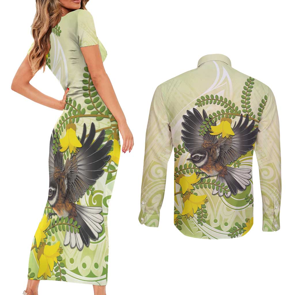 New Zealand Piwakawaka Fantail Bird Couples Matching Short Sleeve Bodycon Dress and Long Sleeve Button Shirt With Kowhai Flowers