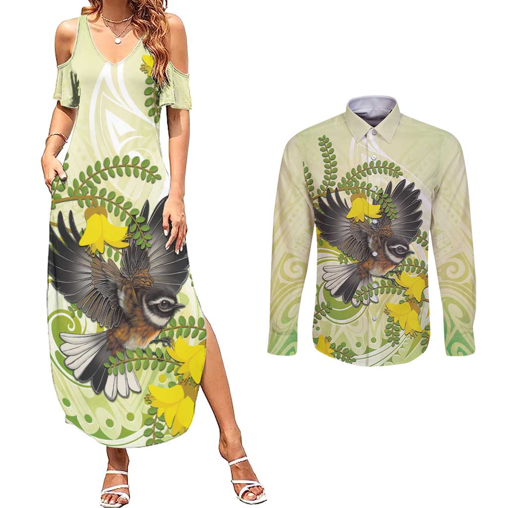 New Zealand Piwakawaka Fantail Bird Couples Matching Summer Maxi Dress and Long Sleeve Button Shirt With Kowhai Flowers
