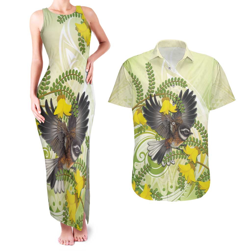 New Zealand Piwakawaka Fantail Bird Couples Matching Tank Maxi Dress and Hawaiian Shirt With Kowhai Flowers
