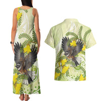 New Zealand Piwakawaka Fantail Bird Couples Matching Tank Maxi Dress and Hawaiian Shirt With Kowhai Flowers