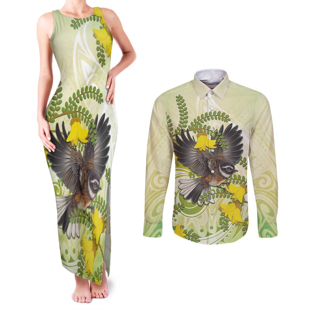 New Zealand Piwakawaka Fantail Bird Couples Matching Tank Maxi Dress and Long Sleeve Button Shirt With Kowhai Flowers