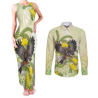 New Zealand Piwakawaka Fantail Bird Couples Matching Tank Maxi Dress and Long Sleeve Button Shirt With Kowhai Flowers