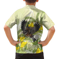 New Zealand Piwakawaka Fantail Bird Family Matching Long Sleeve Bodycon Dress and Hawaiian Shirt With Kowhai Flowers LT05 - Polynesian Pride