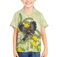 New Zealand Piwakawaka Fantail Bird Family Matching Long Sleeve Bodycon Dress and Hawaiian Shirt With Kowhai Flowers LT05 Son's Shirt Green - Polynesian Pride