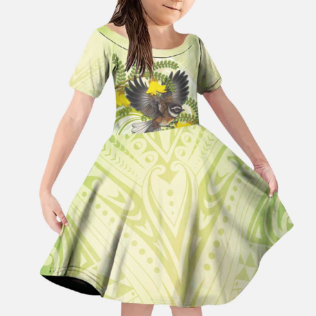 New Zealand Piwakawaka Fantail Bird Family Matching Mermaid Dress and Hawaiian Shirt With Kowhai Flowers LT05 Daughter's Dress Green - Polynesian Pride