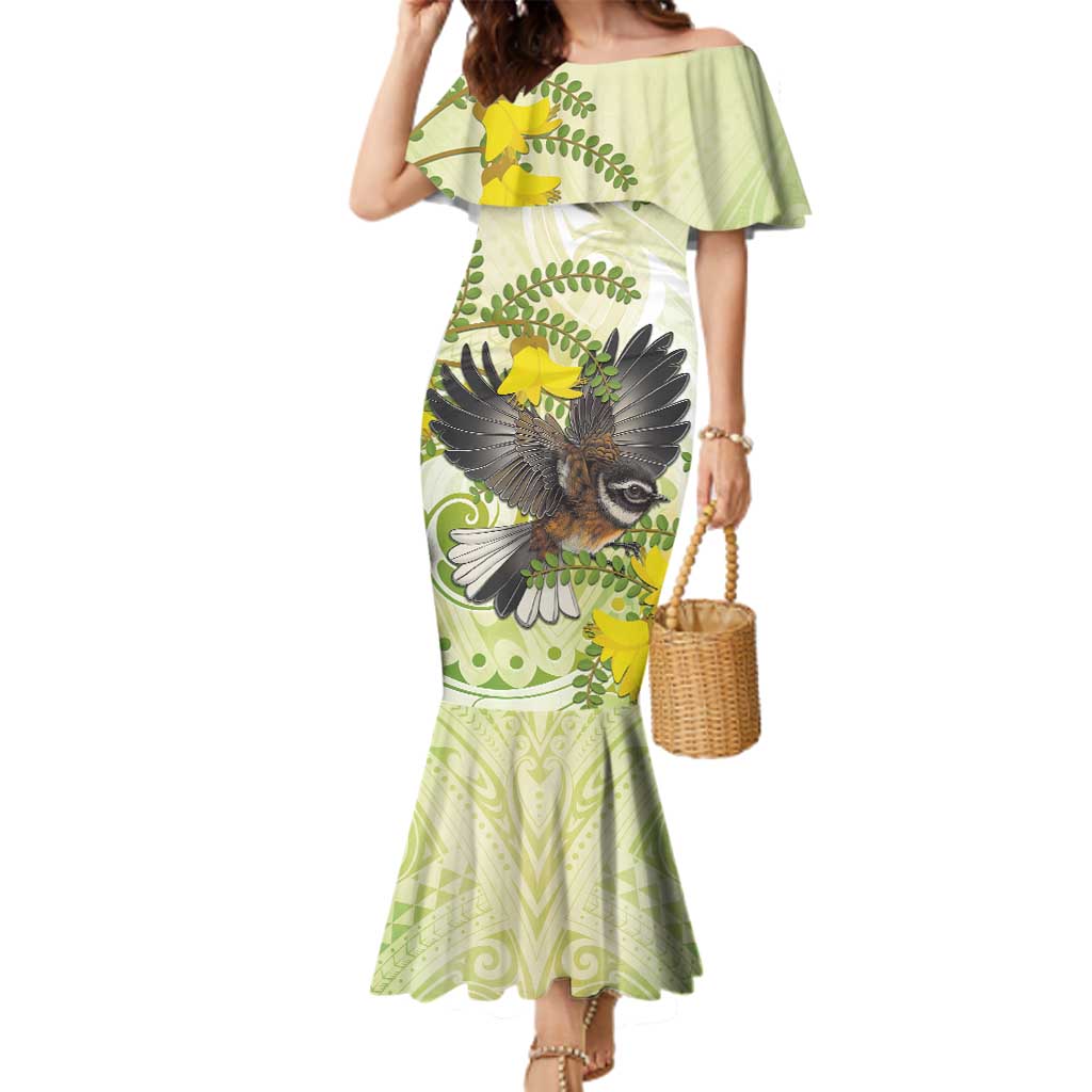 New Zealand Piwakawaka Fantail Bird Family Matching Mermaid Dress and Hawaiian Shirt With Kowhai Flowers LT05 Mom's Dress Green - Polynesian Pride