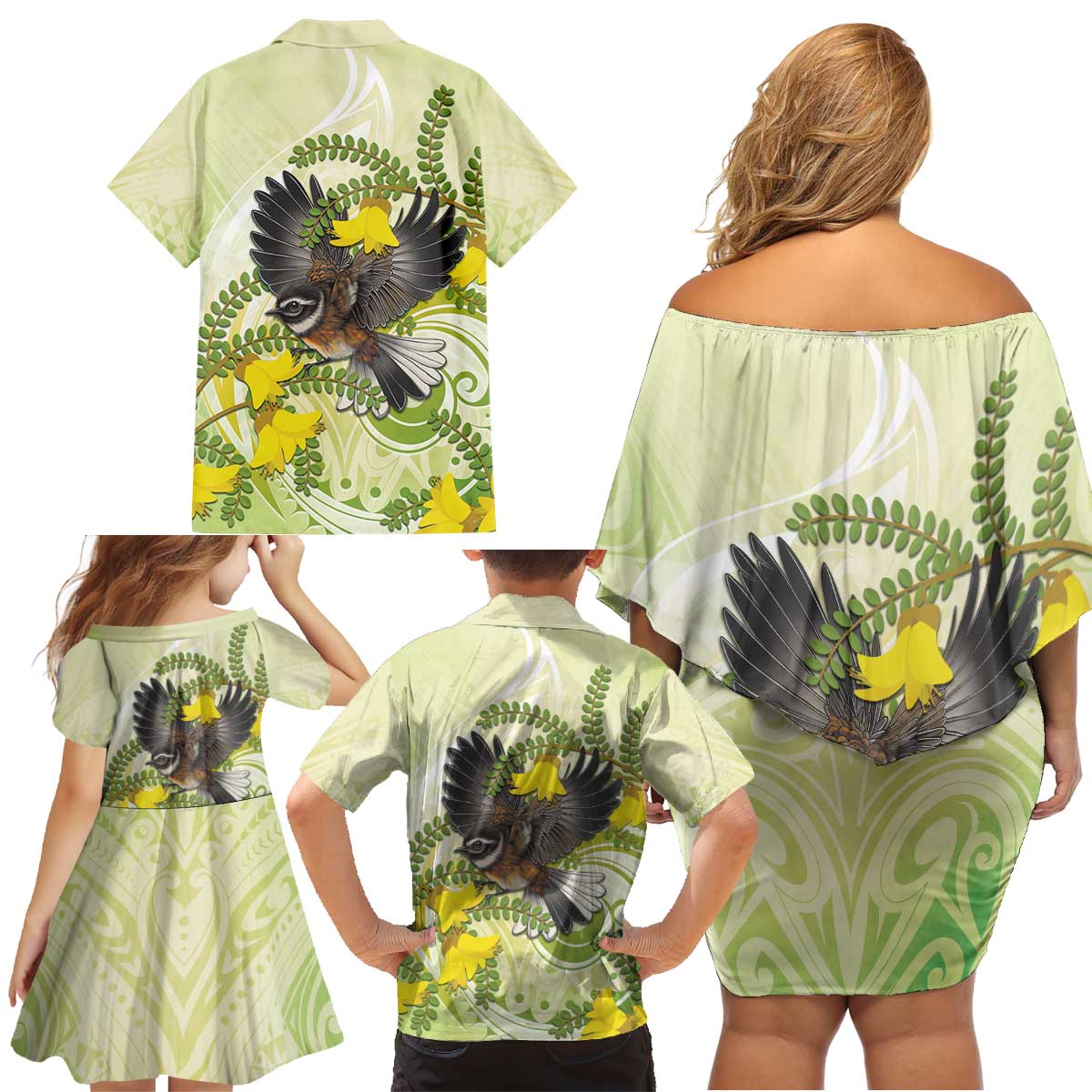 New Zealand Piwakawaka Fantail Bird Family Matching Off Shoulder Short Dress and Hawaiian Shirt With Kowhai Flowers