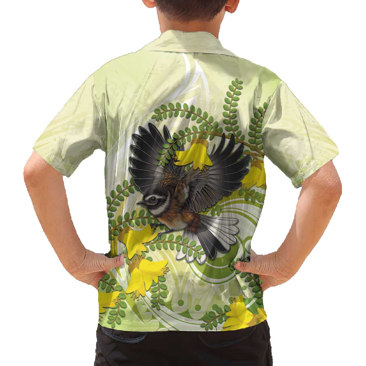 New Zealand Piwakawaka Fantail Bird Family Matching Puletasi and Hawaiian Shirt With Kowhai Flowers LT05 - Polynesian Pride