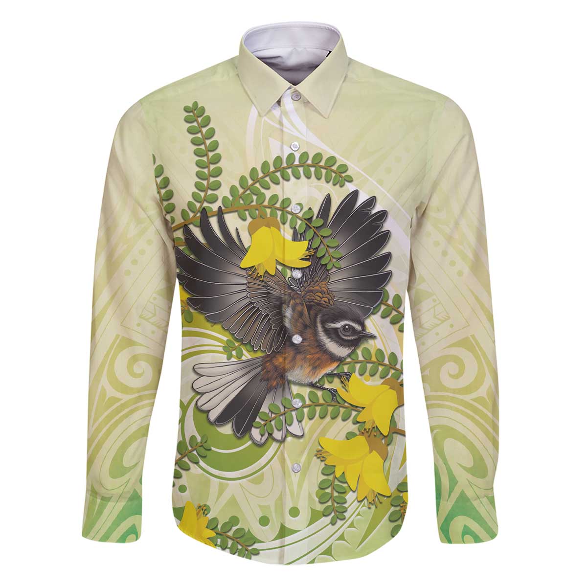 New Zealand Piwakawaka Fantail Bird Family Matching Puletasi and Hawaiian Shirt With Kowhai Flowers LT05 Dad's Shirt - Long Sleeve Green - Polynesian Pride