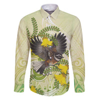 New Zealand Piwakawaka Fantail Bird Family Matching Puletasi and Hawaiian Shirt With Kowhai Flowers LT05 Dad's Shirt - Long Sleeve Green - Polynesian Pride
