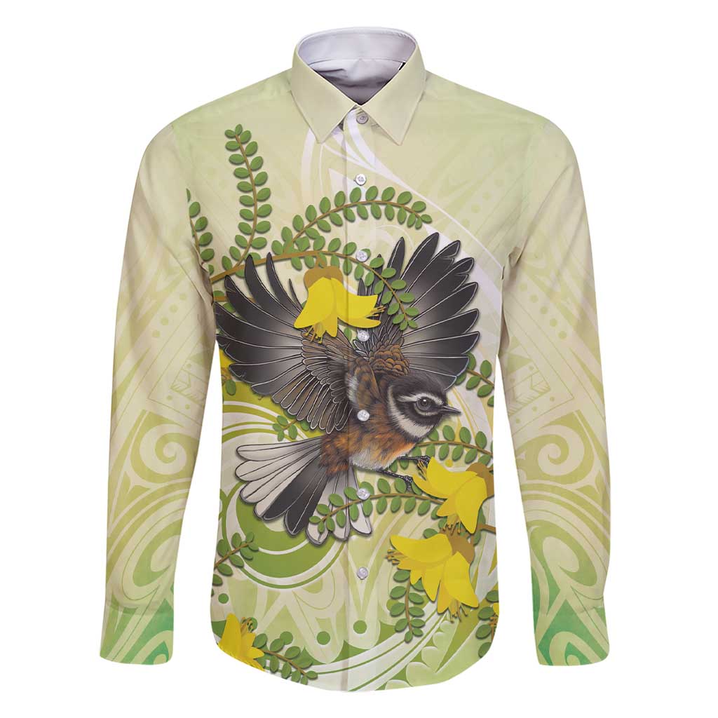 New Zealand Piwakawaka Fantail Bird Family Matching Short Sleeve Bodycon Dress and Hawaiian Shirt With Kowhai Flowers LT05 Dad's Shirt - Long Sleeve Green - Polynesian Pride