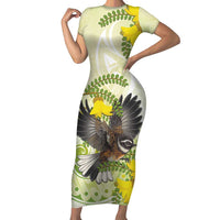 New Zealand Piwakawaka Fantail Bird Family Matching Short Sleeve Bodycon Dress and Hawaiian Shirt With Kowhai Flowers LT05 Mom's Dress Green - Polynesian Pride