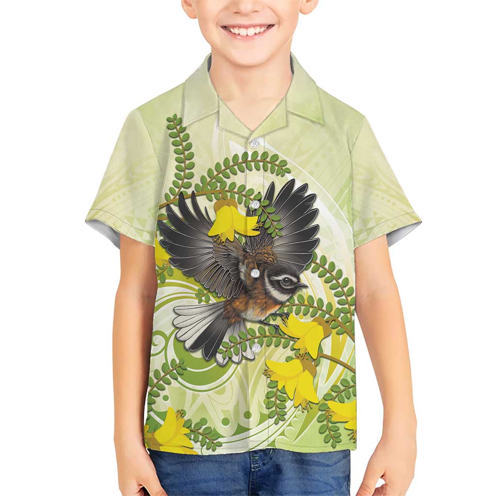 New Zealand Piwakawaka Fantail Bird Family Matching Short Sleeve Bodycon Dress and Hawaiian Shirt With Kowhai Flowers LT05 Son's Shirt Green - Polynesian Pride