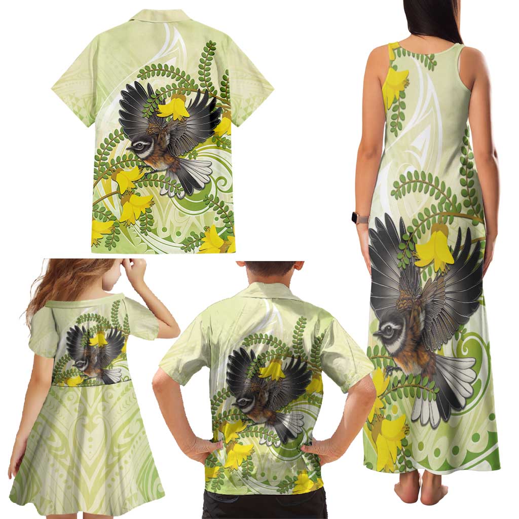 New Zealand Piwakawaka Fantail Bird Family Matching Tank Maxi Dress and Hawaiian Shirt With Kowhai Flowers