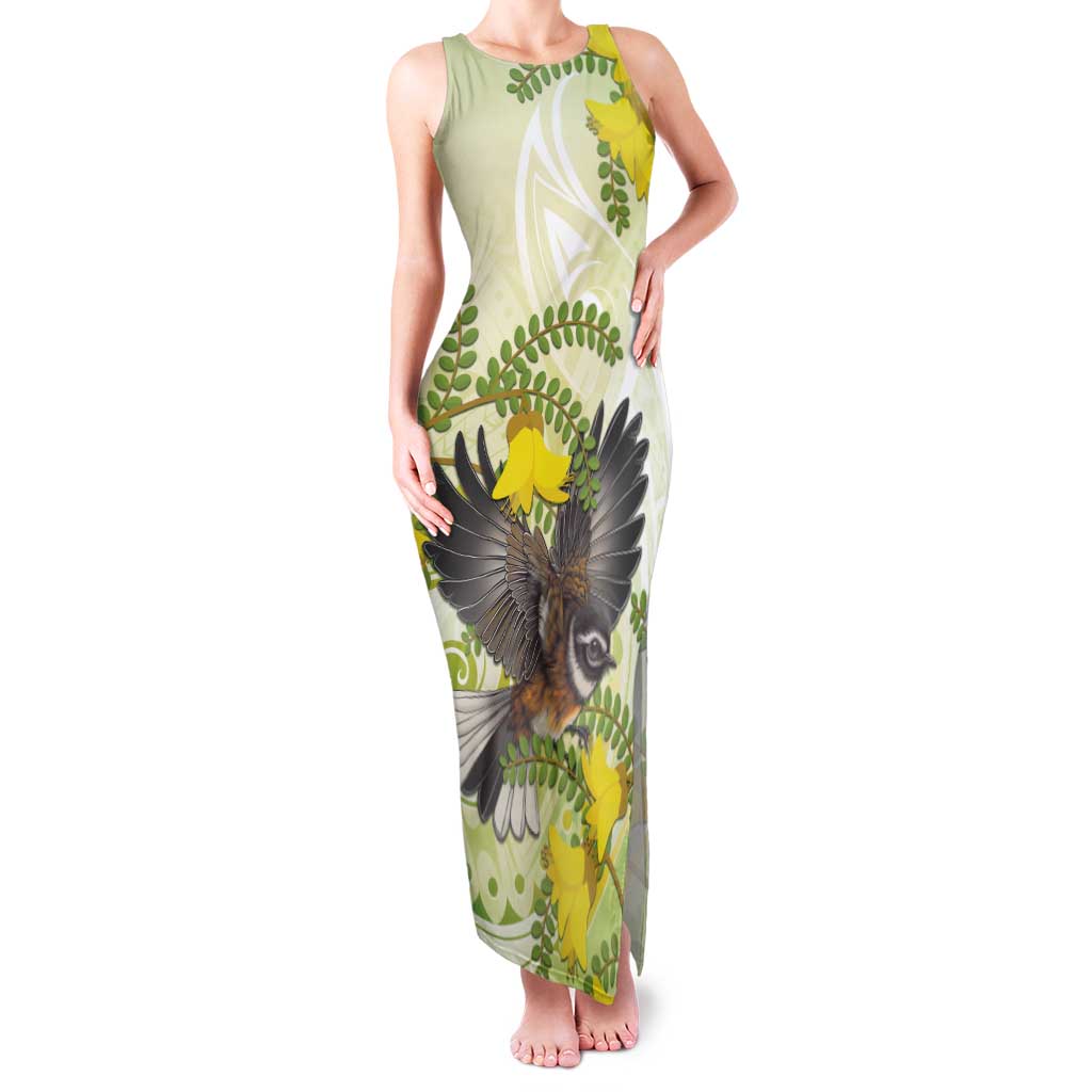 New Zealand Piwakawaka Fantail Bird Family Matching Tank Maxi Dress and Hawaiian Shirt With Kowhai Flowers