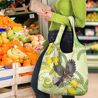 New Zealand Piwakawaka Fantail Bird Grocery Bag With Kowhai Flowers