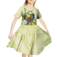 New Zealand Piwakawaka Fantail Bird Kid Short Sleeve Dress With Kowhai Flowers