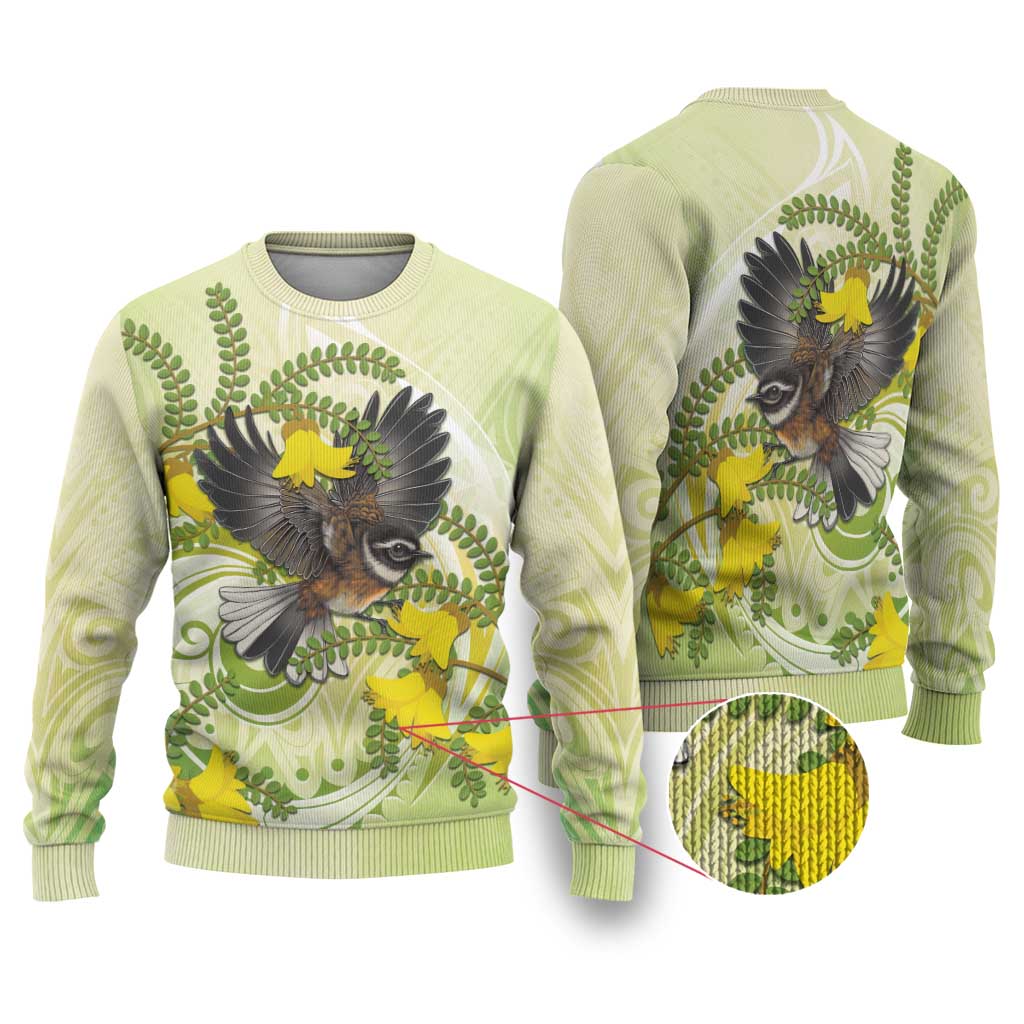 New Zealand Piwakawaka Fantail Bird Ugly Christmas Sweater With Kowhai Flowers