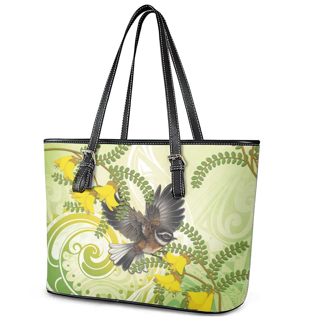 New Zealand Piwakawaka Fantail Bird Leather Tote Bag With Kowhai Flowers